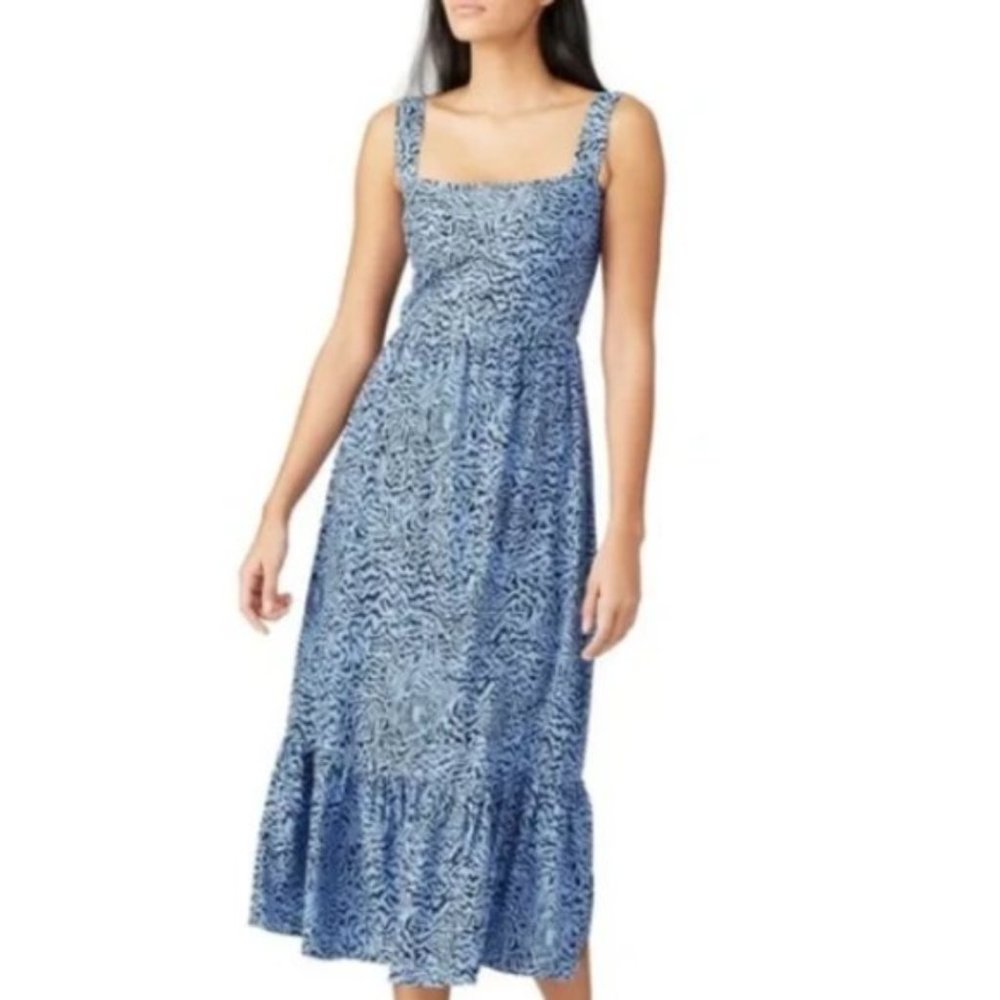 HVN Olympia Blue Silk Tiger Print Midi Dress EUC Size 10